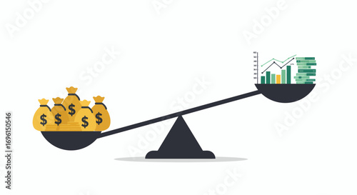 Economic balance scale with gold coins and factory symbolizing industrial financial growth
