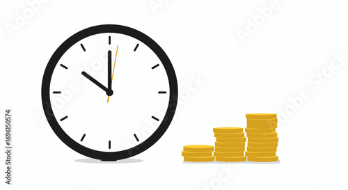 Clock with stacked coins representing time value of money and economic productivity