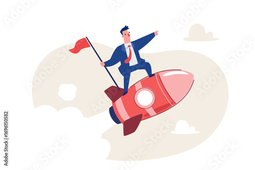 businessman with flag riding flying rocket to success