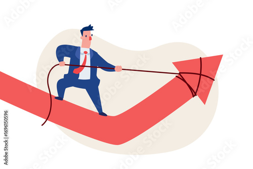businessman pulling upward arrow graph with rope