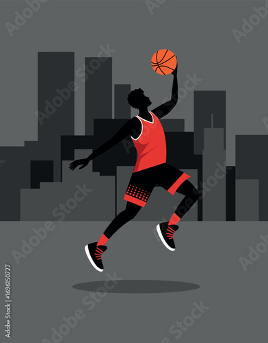Basketball Player Dunk Silhouette in Red Uniform on City Background