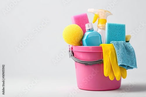 Pink cleaning bucket filled with supplies