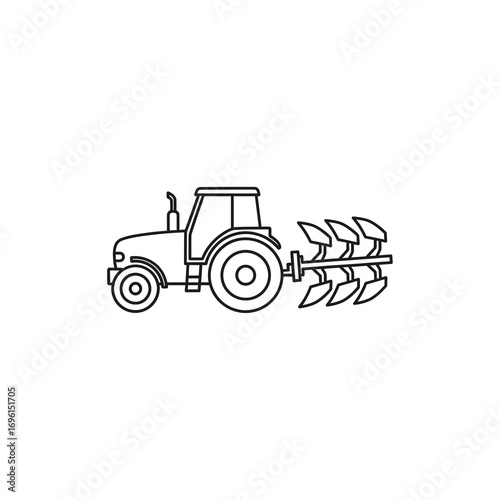 Tractor with plow line art illustration, simple outline drawing of a farm vehicle for plowing the land