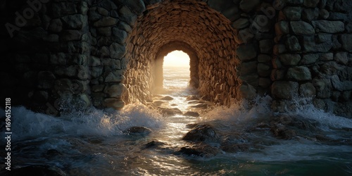Coastal Passage: A low angle of an arched stone passage opening onto the sea with bright daylight. The rough waves splash through the opening.