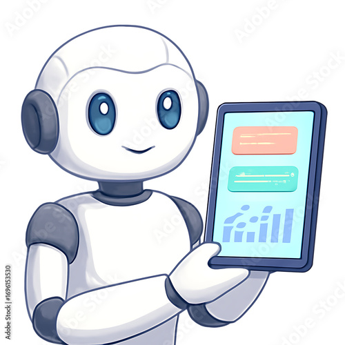 Cute humanoid robot with a digital tablet in hand