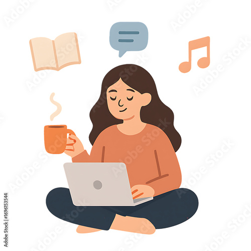 flat illustration of a young woman sitting cross-legged on the floor