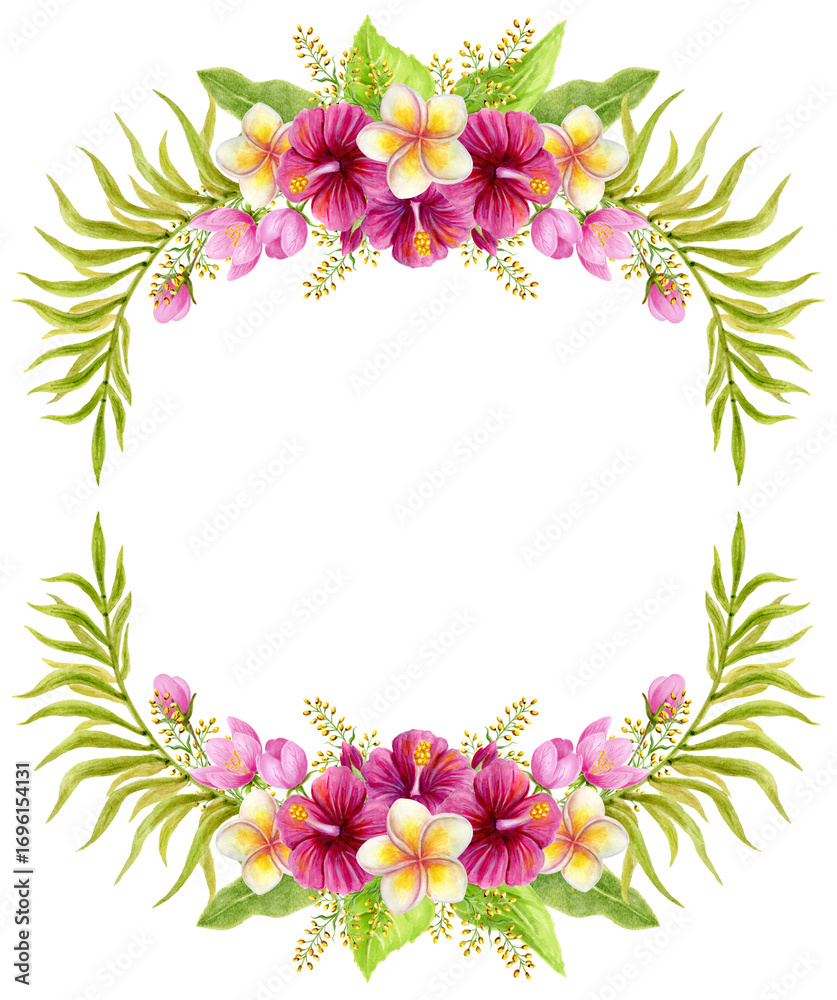 Fototapeta premium Tropical frame. Floral border ornament. Watercolor painting with Hibiscus flowers and palm leaves. Tropic floral summer arrangement.