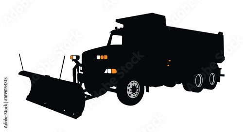 a black silhouette of a snowplow truck parked