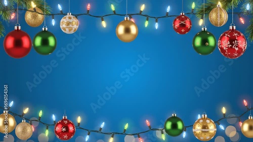 Christmas decorations frame blue background for festive holiday celebration this colorful light bauble design is a great party border this is a perfect new year greeting card template