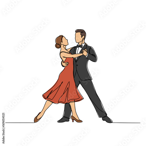 Couple dancing waltz in formal attire on a white background  