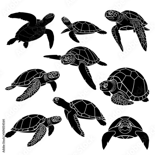 Silhouette Collection of Sea Turtles Swimming in Various Poses and Angles