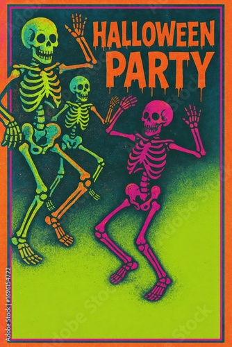 Bright neon skeletons in motion. Use for Halloween events, nightclub promotions, concert posters, and spooky party flyers. 

