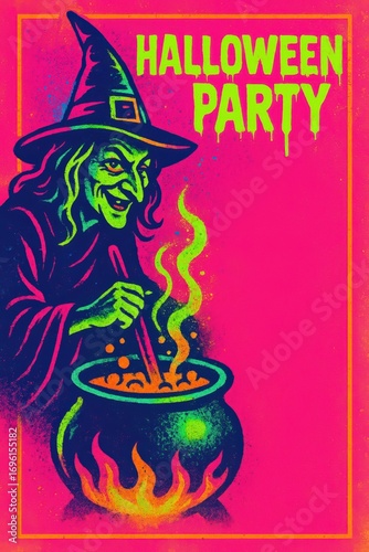 Neon Halloween party poster with witch and copy space. Use for events, club flyers, spooky branding and horror themes.  
