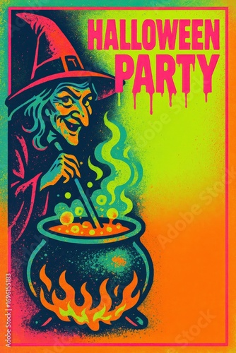 Witch cauldron poster with neon colors and copy space. Use for Halloween party, flyers, horror themes and event design.  
