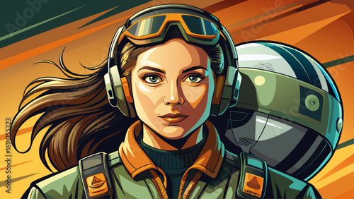 Close-up portrait of female helicopter pilot holding helmet. Isolated background highlights confidence, determination, and aviation passion.