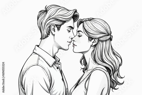 Young couple in profile about to kiss, intimate moment illustration, line art style, copy space
