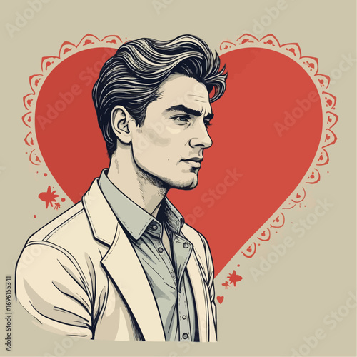 Stylish man portrait in profile against a heart background, romantic theme, illustration, copy space