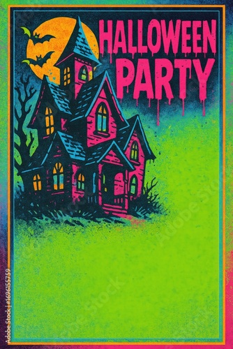 Bright neon haunted mansion with bats under moon. Use for Halloween events, seasonal flyers, party invitations, and spooky marketing campaigns with strong copy space.
