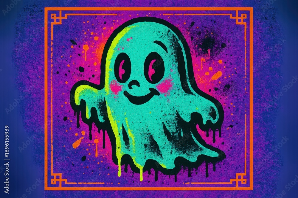 Obraz premium Cute neon ghost illustration with glowing colors. Perfect for Halloween kids’ events, posters, party invites, and seasonal décor. 
