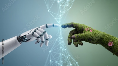 Technology and Nature Connection with Hands Touching