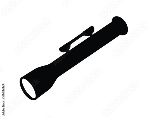 Black silhouette of a flashlight with a clip on a white background