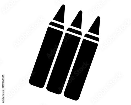 Simple graphic illustration of three stacked crayons in black and white