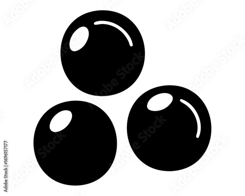 Three glossy black spheres or balls arranged in a triangular pattern