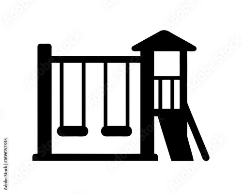 Silhouette of children's playground equipment featuring a slide and two swings