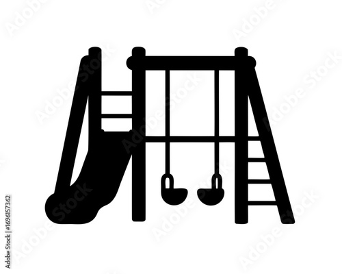 Silhouette of children's playground equipment featuring a slide and two swings