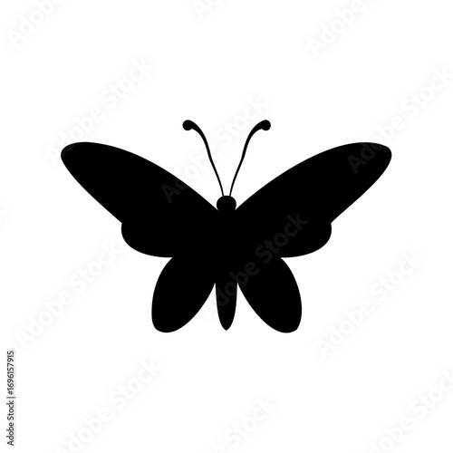 A simplistic black silhouette illustration of a butterfly with rounded wings