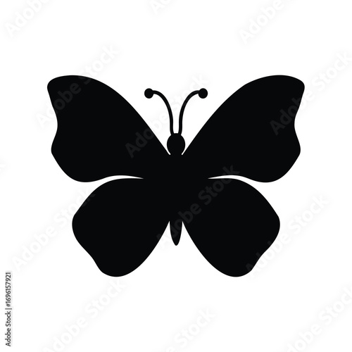 Black silhouette of a butterfly with open wings on a white background
