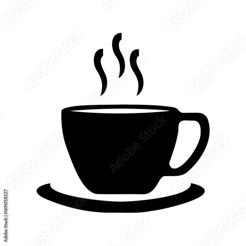 Simple black and white illustration of a hot coffee cup on saucer