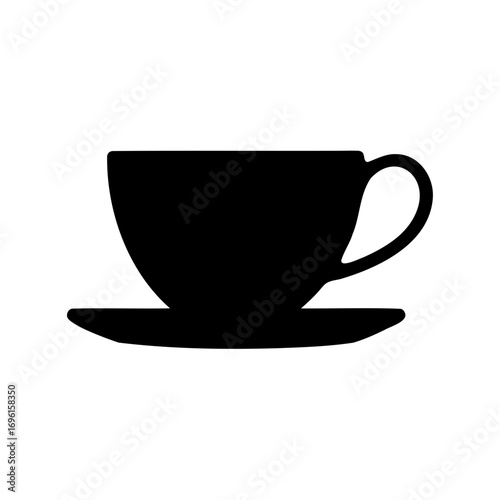 Black silhouette of a teacup and saucer isolated on white background