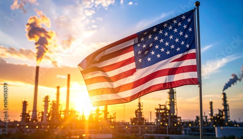 American flag waving in front of an oil refinery at sunset, symbolizing energy production and national pride.