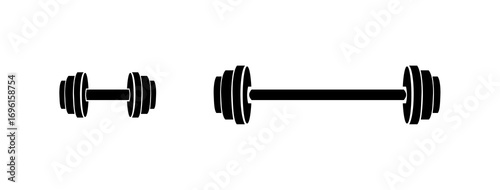 Simple, flat illustration of a barbell, dumbbell, and kettlebell, all gray, for fitness design