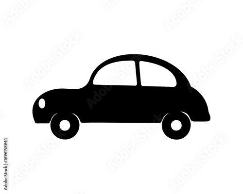 Stylized black car cartoon illustration on white background, flat design.