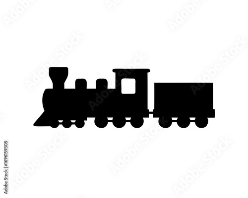 Black silhouette of a vintage steam train locomotive with a wagon