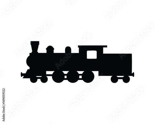Silhouette of an old steam train locomotive engine against white backdrop