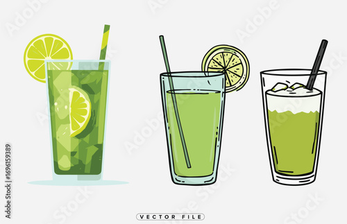 refreshing green drinks with lime slices and straws