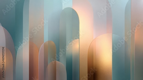 Modern abstract art with layered, translucent arches in soft pastel and metallic colors.