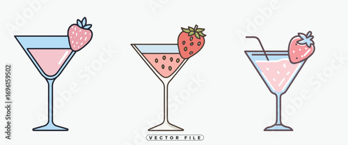 three glasses filled with pink drink strawberries garnish