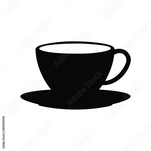 A black silhouette of a teacup and saucer on a white background