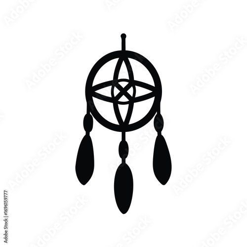 Black Silhouette of a Dreamcatcher with Geometric Designs and Dangling Feathers