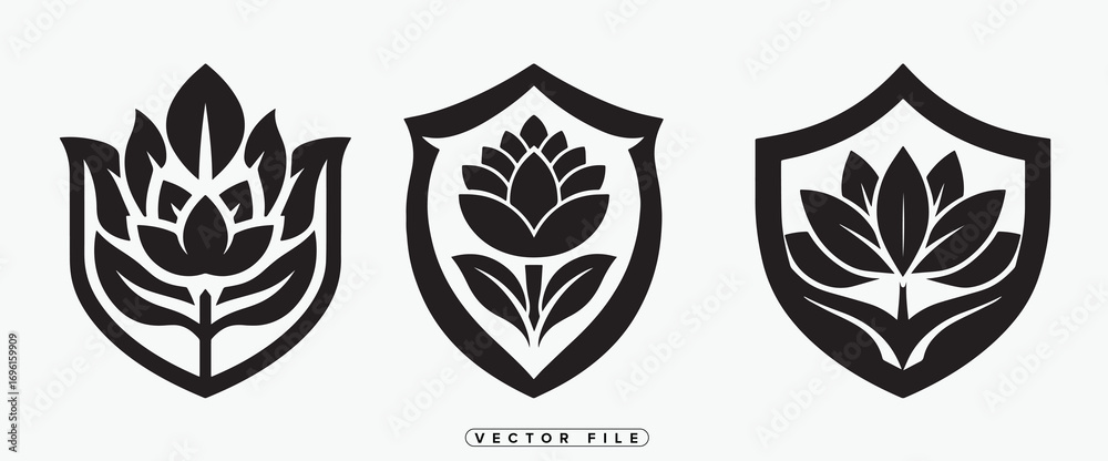 Fototapeta premium three shields featuring floral designs in black and white