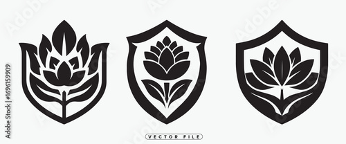 three shields featuring floral designs in black and white