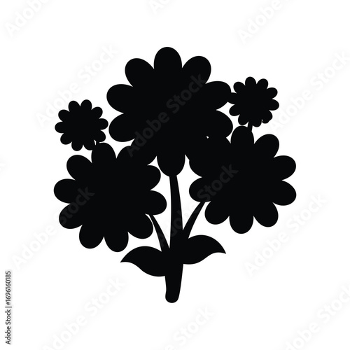Stylized Floral Arrangement in Solid Black Silhouette on a White Background