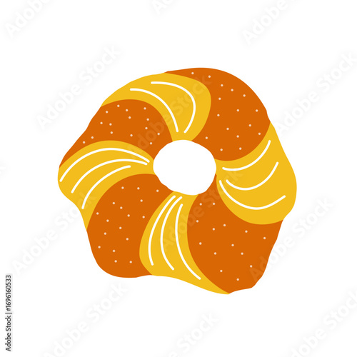 Sweet round bun with yellow cream stripes, bakery pastry dessert vector illustration isolated on white background.