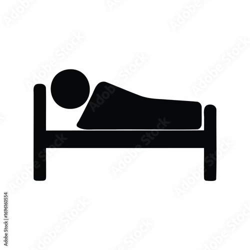 Person sleeping in a bed, showing bedroom or hotel accommodation icon