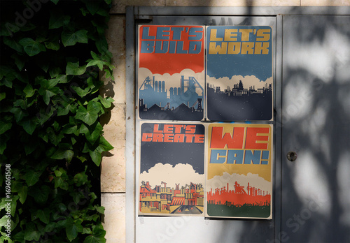 Four blank A4 posters are arranged vertically on a wall surrounded by greenery.