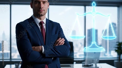 Confident male lawyer in a modern law firm office stands with a glowing digital hologram of the scales of justice representing legal tech innovation and professional legal services